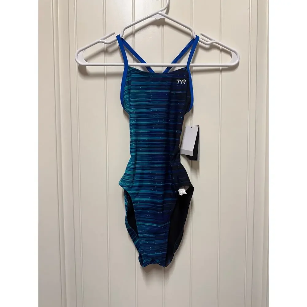 TYR Girls' Durafast Elite Cutoutfit Swimsuit, Blue Speedwarp Size 24 NEW
